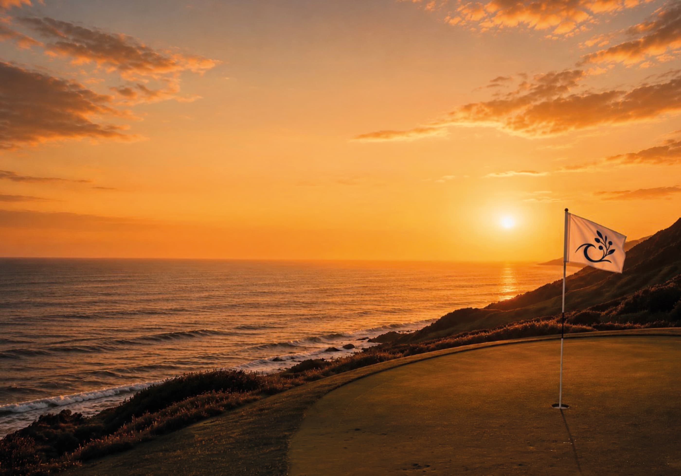 Horizn flag on a coastal golf green at sunset, with ocean and headland beyond.