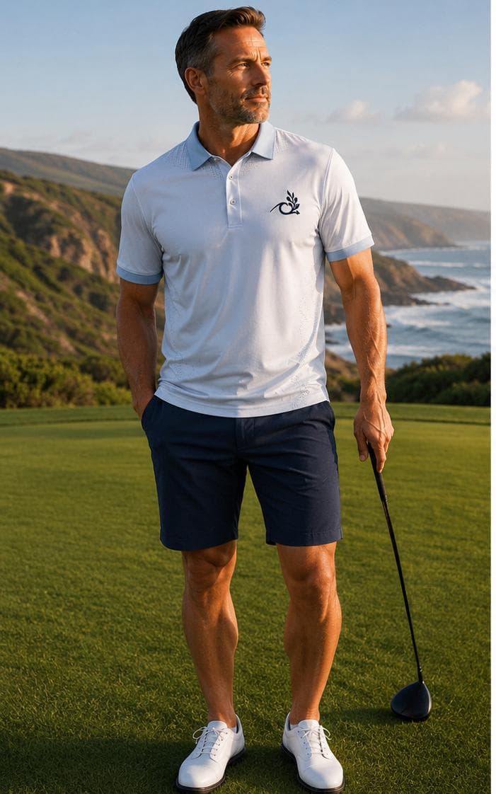 HORIZN tonal polo and club shorts styled for a warm walking round